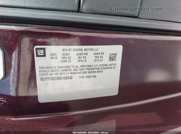 1G1YY3D73H5108642 2017 CHEVROLET CORVETTE Maroon Vista del compartimento del motor