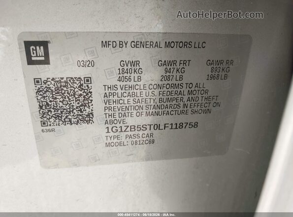 1G1ZB5ST0LF118758 2020 CHEVROLET MALIBU Silver Շարժիչի բաժամունքի տեսք