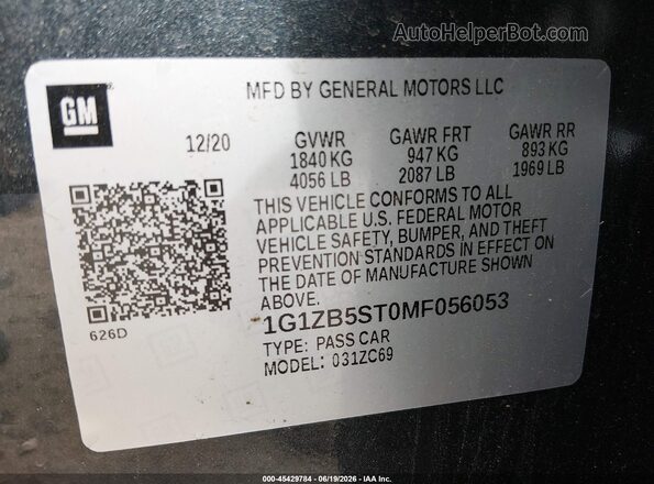 1G1ZB5ST0MF056053 2021 CHEVROLET MALIBU Light Blue Вид подкапотного пространства