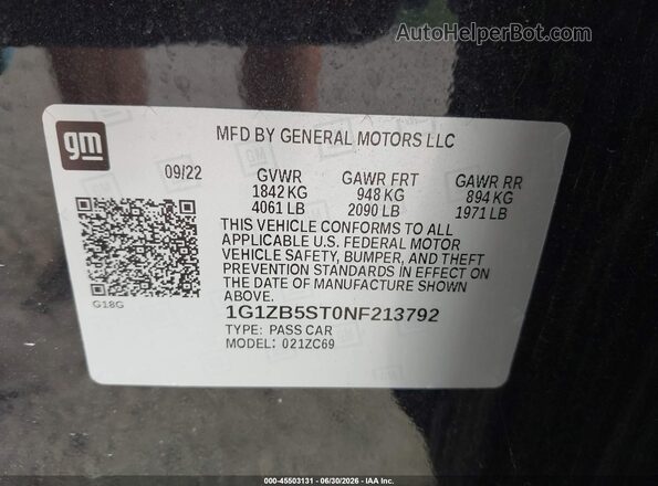 1G1ZB5ST0NF213792 2022 CHEVROLET MALIBU Black Vista del compartimento del motor