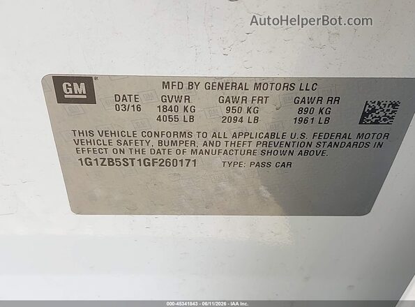 1G1ZB5ST1GF260171 2016 CHEVROLET MALIBU White Engine compartment view
