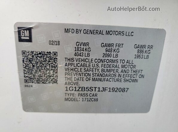 1G1ZB5ST1JF192087 2018 CHEVROLET MALIBU White 