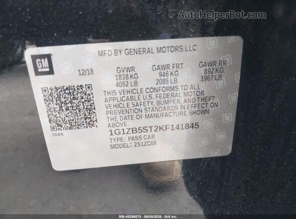 1G1ZB5ST2KF141845 2019 CHEVROLET MALIBU Черный Вид подкапотного пространства