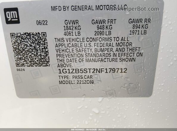 1G1ZB5ST2NF179712 2022 CHEVROLET MALIBU White Engine compartment view