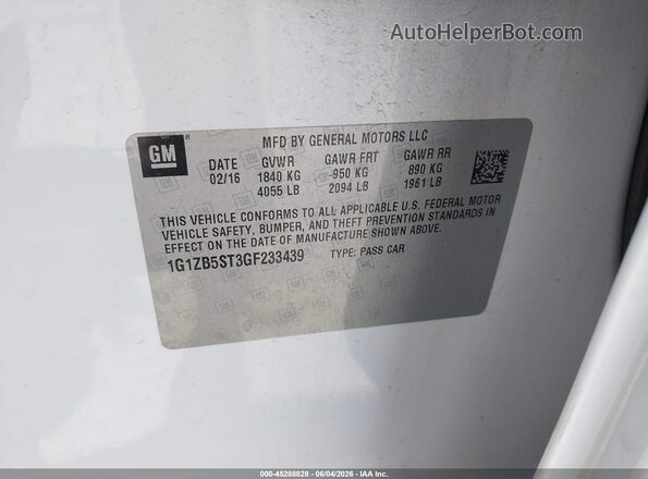 1G1ZB5ST3GF233439 2016 CHEVROLET MALIBU White 