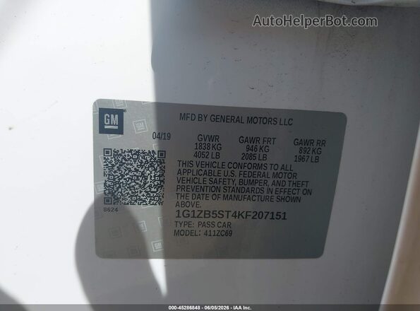 1G1ZB5ST4KF207151 2019 CHEVROLET MALIBU White 