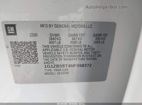 1G1ZB5ST4MF058372 2021 CHEVROLET MALIBU White Vista del compartimento del motor