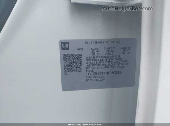 1G1ZB5ST4NF193885 2022 CHEVROLET MALIBU Белый Вид подкапотного пространства