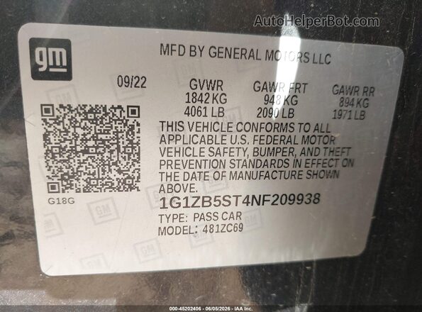1G1ZB5ST4NF209938 2022 CHEVROLET MALIBU Dark Blue Engine compartment view