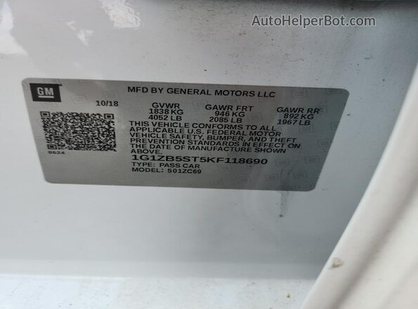 1G1ZB5ST5KF118690 2019 CHEVROLET MALIBU White VIN կոդի պիտակի տեսք