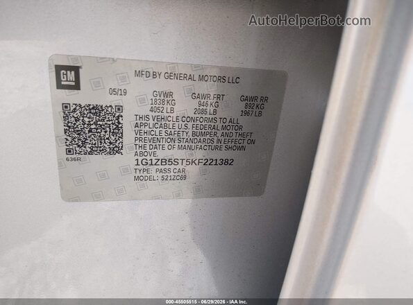 1G1ZB5ST5KF221382 2019 CHEVROLET MALIBU Серебряный Вид подкапотного пространства