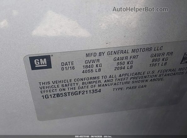 1G1ZB5ST6GF211354 2016 CHEVROLET MALIBU Silver 