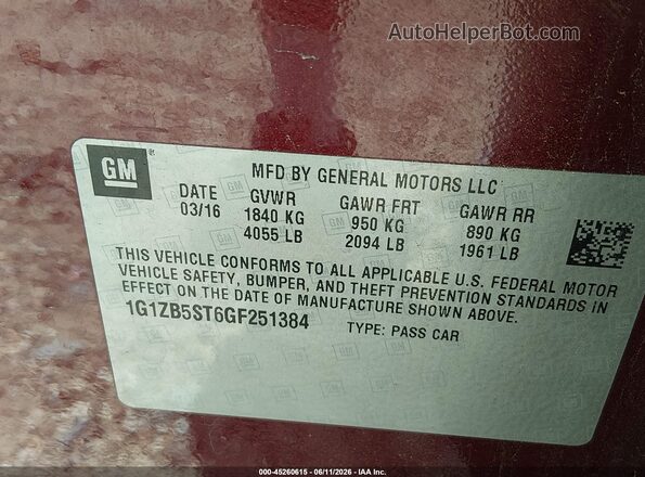 1G1ZB5ST6GF251384 2016 CHEVROLET MALIBU Burgundy 