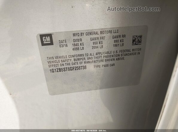 1G1ZB5ST6GF258738 2016 CHEVROLET MALIBU Серебряный 