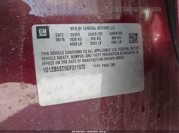 1G1ZB5ST6GF311972 2016 CHEVROLET MALIBU Red Շարժիչի բաժամունքի տեսք