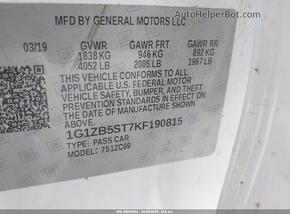 1G1ZB5ST7KF190815 2019 CHEVROLET MALIBU White 