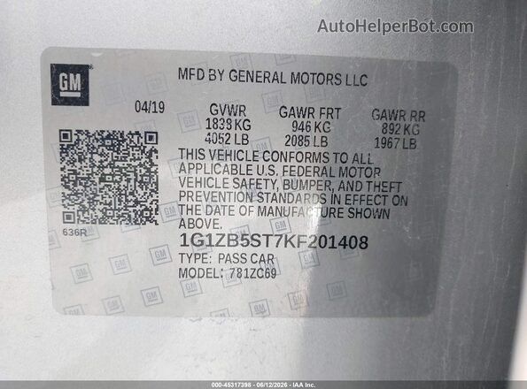 1G1ZB5ST7KF201408 2019 CHEVROLET MALIBU Silver ძრავის განყოფილების ხედი