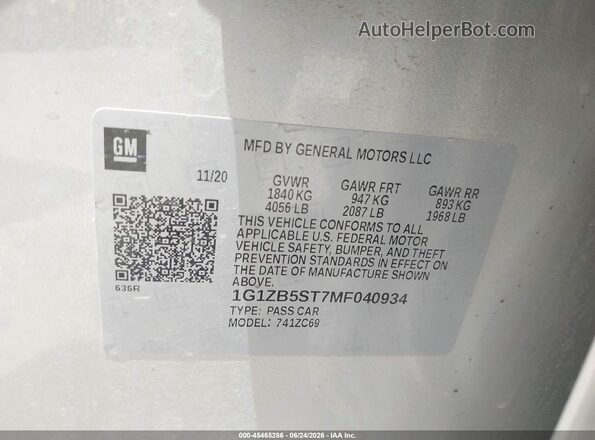 1G1ZB5ST7MF040934 2021 CHEVROLET MALIBU Silver Vista del compartimento del motor