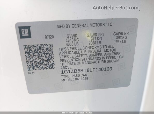 1G1ZB5ST8LF140166 2020 CHEVROLET MALIBU White Vista del compartimento del motor