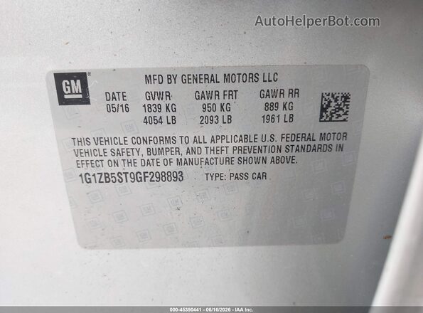 1G1ZB5ST9GF298893 2016 CHEVROLET MALIBU Silver 