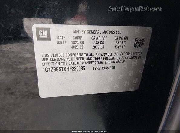 1G1ZB5STXHF229986 2017 CHEVROLET MALIBU Black ძრავის განყოფილების ხედი