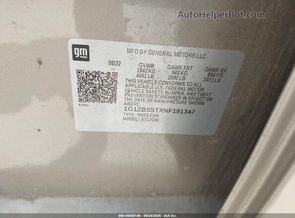 1G1ZB5STXNF191347 2022 CHEVROLET MALIBU Beige Widok komory silnika