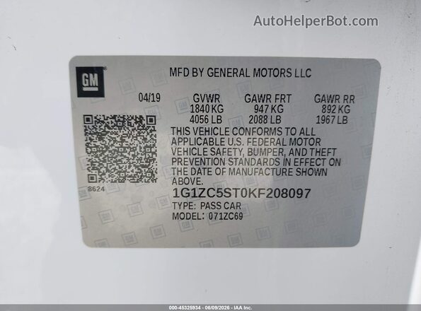 1G1ZC5ST0KF208097 2019 CHEVROLET MALIBU White ძრავის განყოფილების ხედი