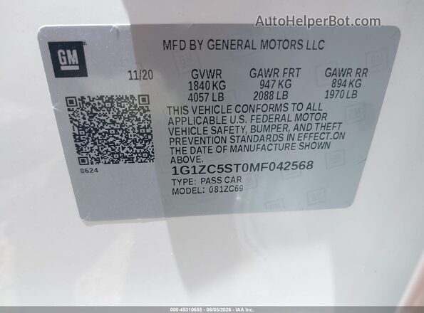 1G1ZC5ST0MF042568 2021 CHEVROLET MALIBU White Vista del compartimento del motor
