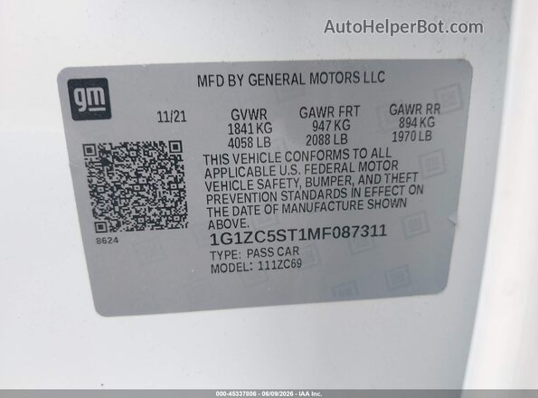 1G1ZC5ST1MF087311 2021 CHEVROLET MALIBU White Շարժիչի բաժամունքի տեսք
