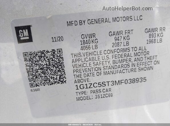 1G1ZC5ST3MF038935 2021 CHEVROLET MALIBU Silver Widok komory silnika