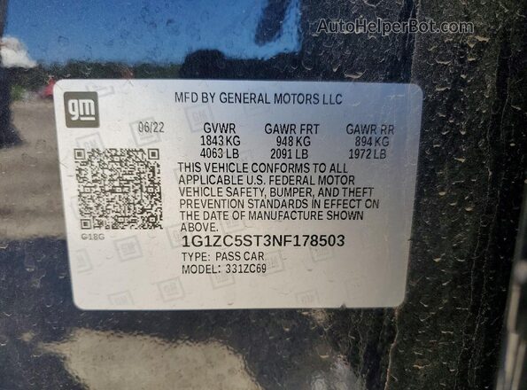 1G1ZC5ST3NF178503 2022 CHEVROLET MALIBU Black VIN կոդի պիտակի տեսք
