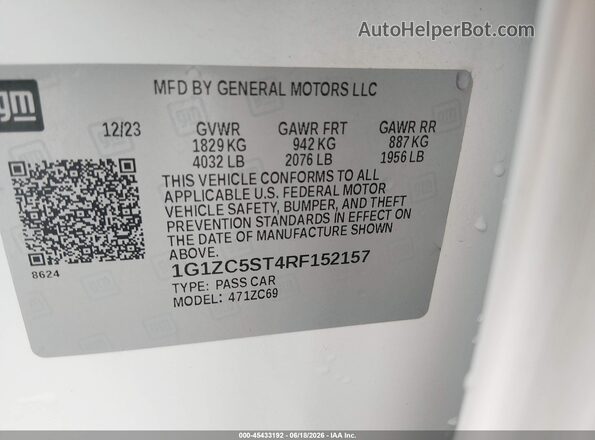 1G1ZC5ST4RF152157 2024 CHEVROLET MALIBU Белый Вид подкапотного пространства