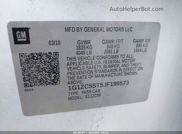 1G1ZC5ST5JF199573 2018 CHEVROLET MALIBU White Engine compartment view