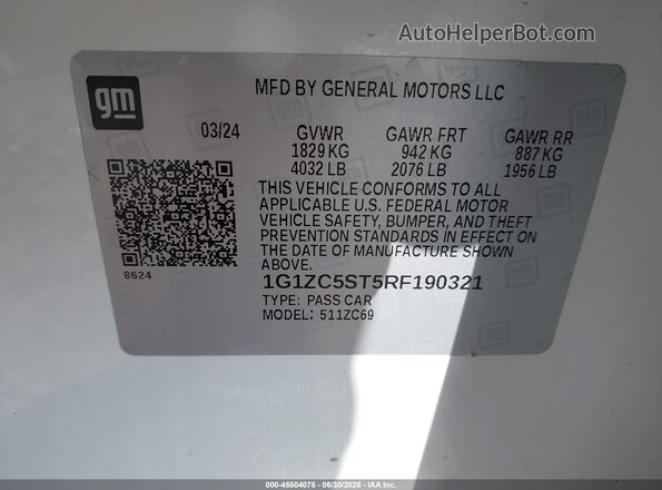 1G1ZC5ST5RF190321 2024 CHEVROLET MALIBU White Vista del compartimento del motor