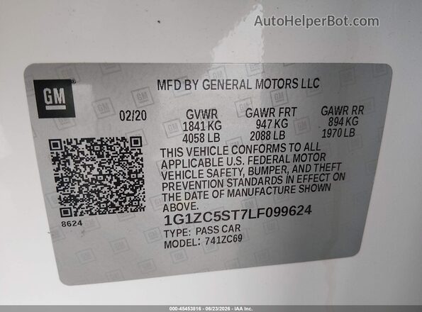 1G1ZC5ST7LF099624 2020 CHEVROLET MALIBU White ძრავის განყოფილების ხედი