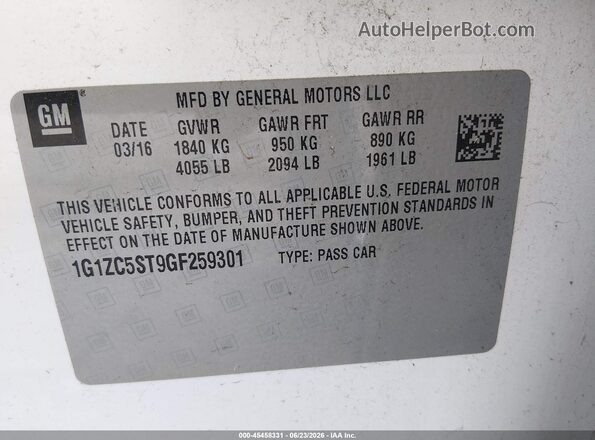 1G1ZC5ST9GF259301 2016 CHEVROLET MALIBU Белый Вид подкапотного пространства