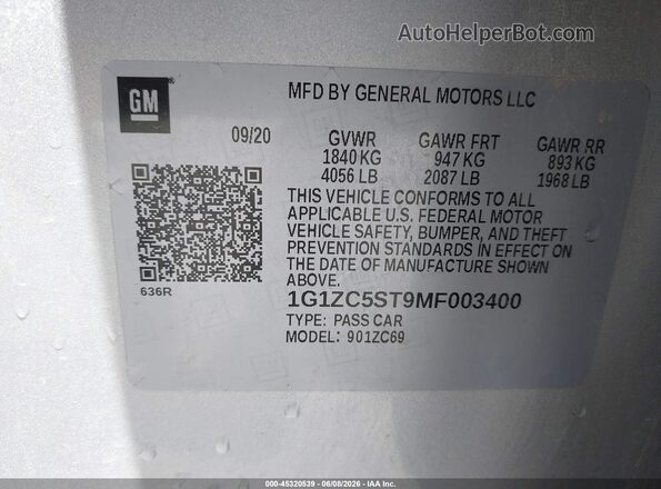 1G1ZC5ST9MF003400 2021 CHEVROLET MALIBU Серебряный Вид подкапотного пространства