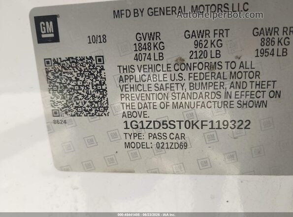 1G1ZD5ST0KF119322 2019 CHEVROLET MALIBU White Vista del compartimento del motor