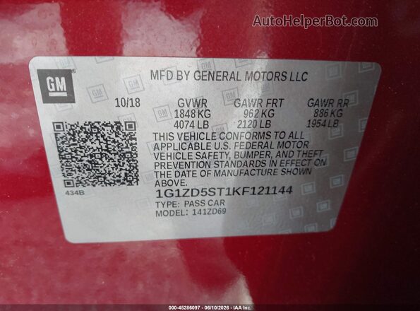 1G1ZD5ST1KF121144 2019 CHEVROLET MALIBU Красный Вид подкапотного пространства