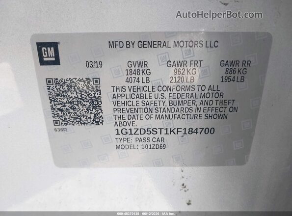 1G1ZD5ST1KF184700 2019 CHEVROLET MALIBU Silver 