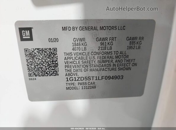 1G1ZD5ST1LF094903 2020 CHEVROLET MALIBU White Вид підкапотного простору