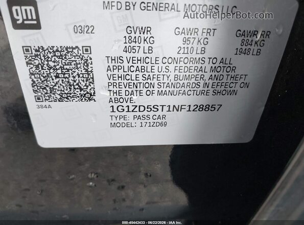 1G1ZD5ST1NF128857 2022 CHEVROLET MALIBU Черный Вид подкапотного пространства