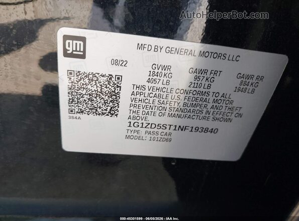 1G1ZD5ST1NF193840 2022 CHEVROLET MALIBU Черный 