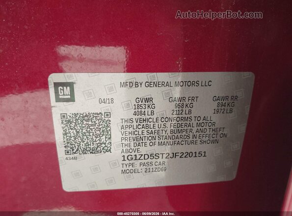 1G1ZD5ST2JF220151 2018 CHEVROLET MALIBU Красный Вид подкапотного пространства