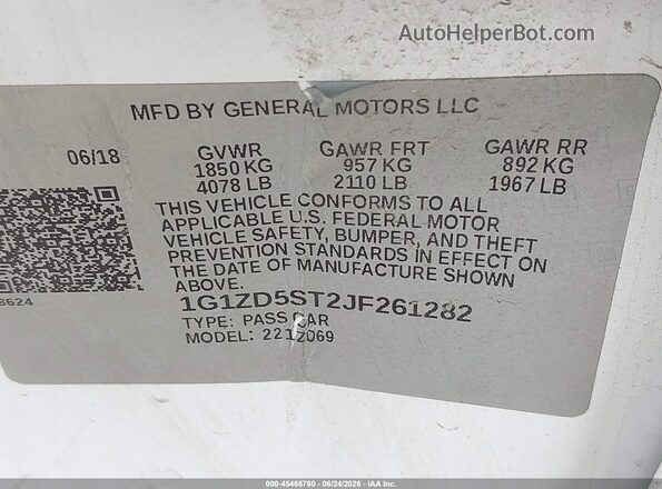 1G1ZD5ST2JF261282 2018 CHEVROLET MALIBU White ძრავის განყოფილების ხედი