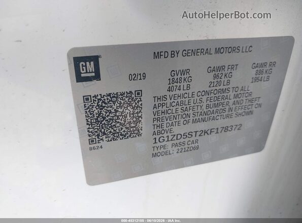 1G1ZD5ST2KF178372 2019 CHEVROLET MALIBU White ძრავის განყოფილების ხედი