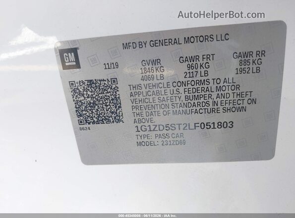 1G1ZD5ST2LF051803 2020 CHEVROLET MALIBU Белый Вид подкапотного пространства