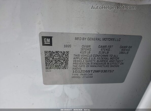1G1ZD5ST2MF030757 2021 CHEVROLET MALIBU White Engine compartment view