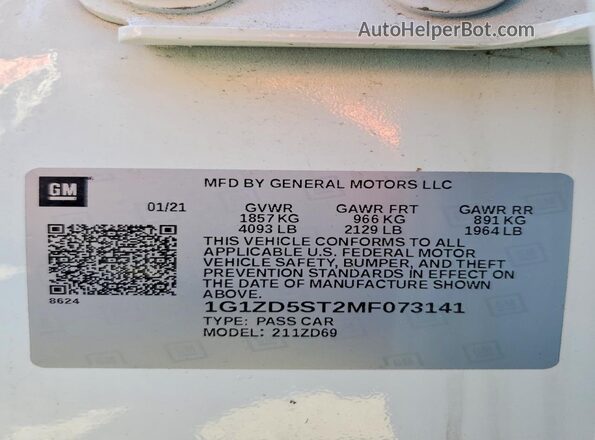 1G1ZD5ST2MF073141 2021 CHEVROLET MALIBU White VIN կոդի պիտակի տեսք