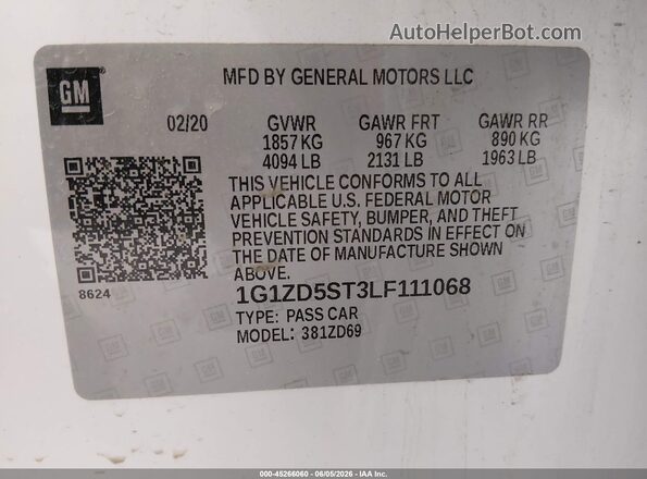 1G1ZD5ST3LF111068 2020 CHEVROLET MALIBU White Engine compartment view